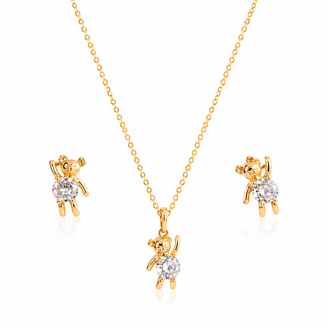 Conjunto Colar e Brincos Ursinho com Zircônia Cristal – Folhado a Ouro