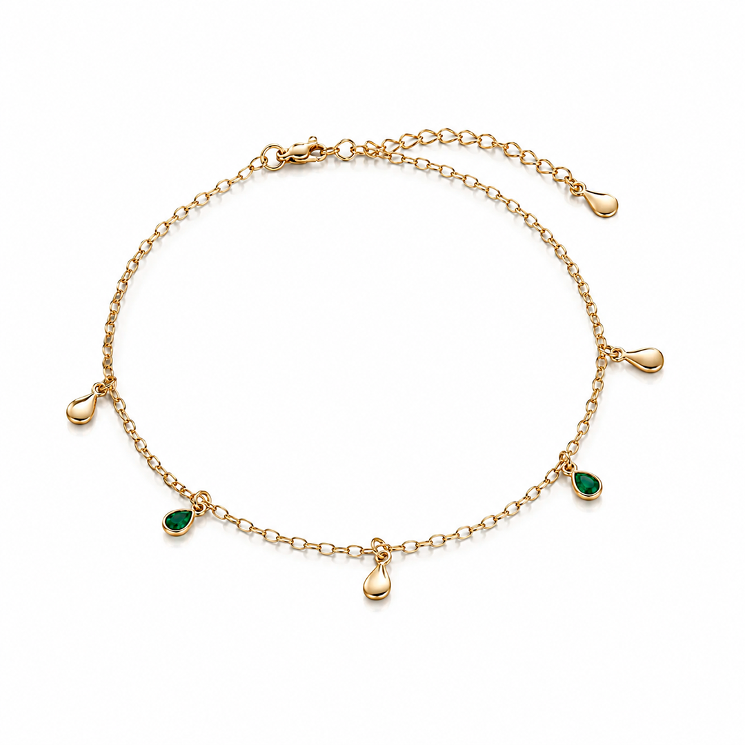 Pulseira com Gotas Verdes e Pingentes Lisos – Folhado a Ouro
