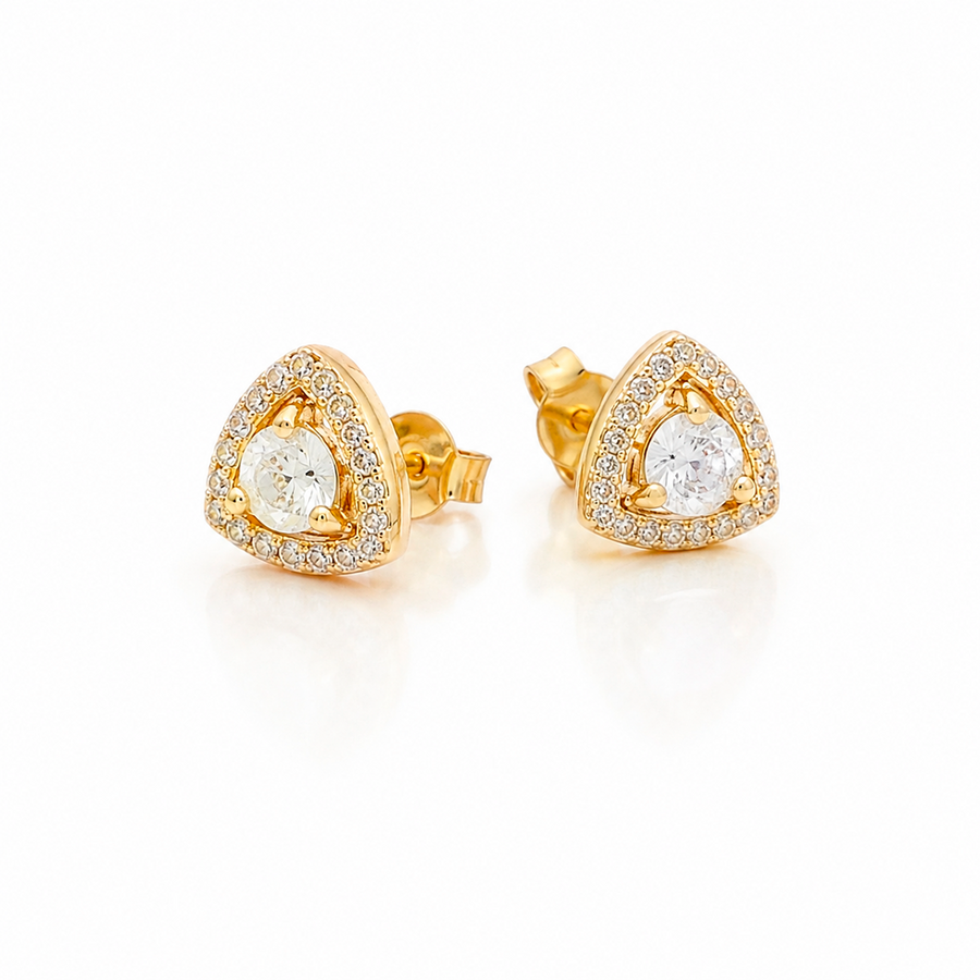 Brinco Triangular Cristal e Halo Cravejado – Folhado a Ouro