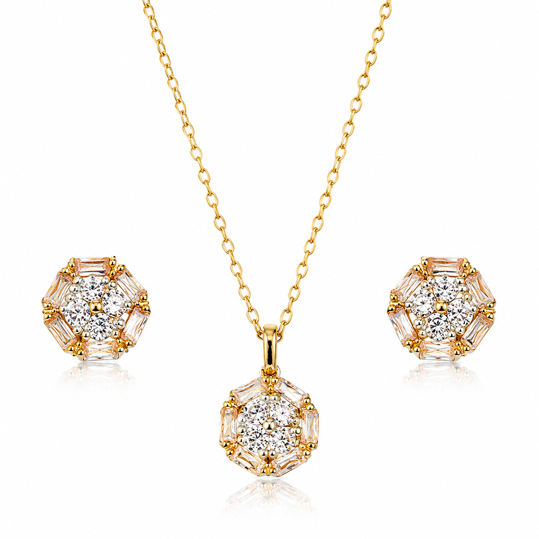 Conjunto Colar e Brincos Hexágono de Luz – Folhado a Ouro