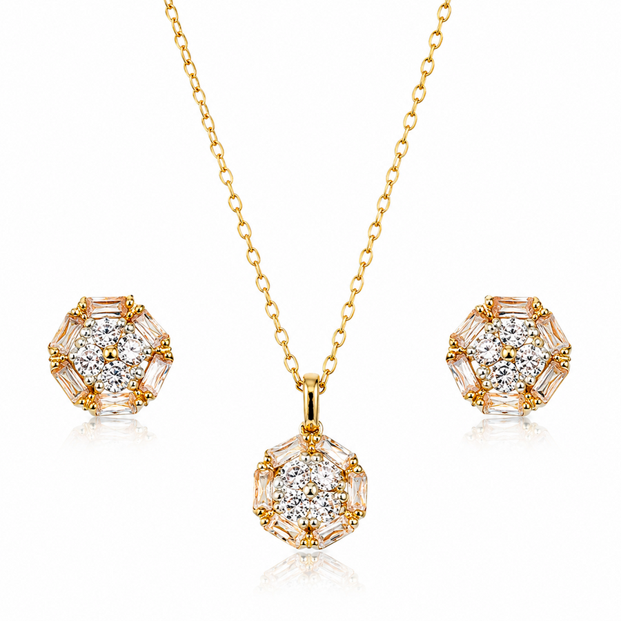 Conjunto Colar e Brincos Hexágono de Luz – Folhado a Ouro