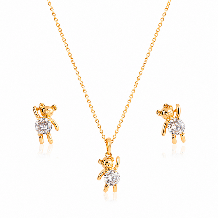 Conjunto Colar e Brincos Ursinho com Zircônia Cristal – Folhado a Ouro