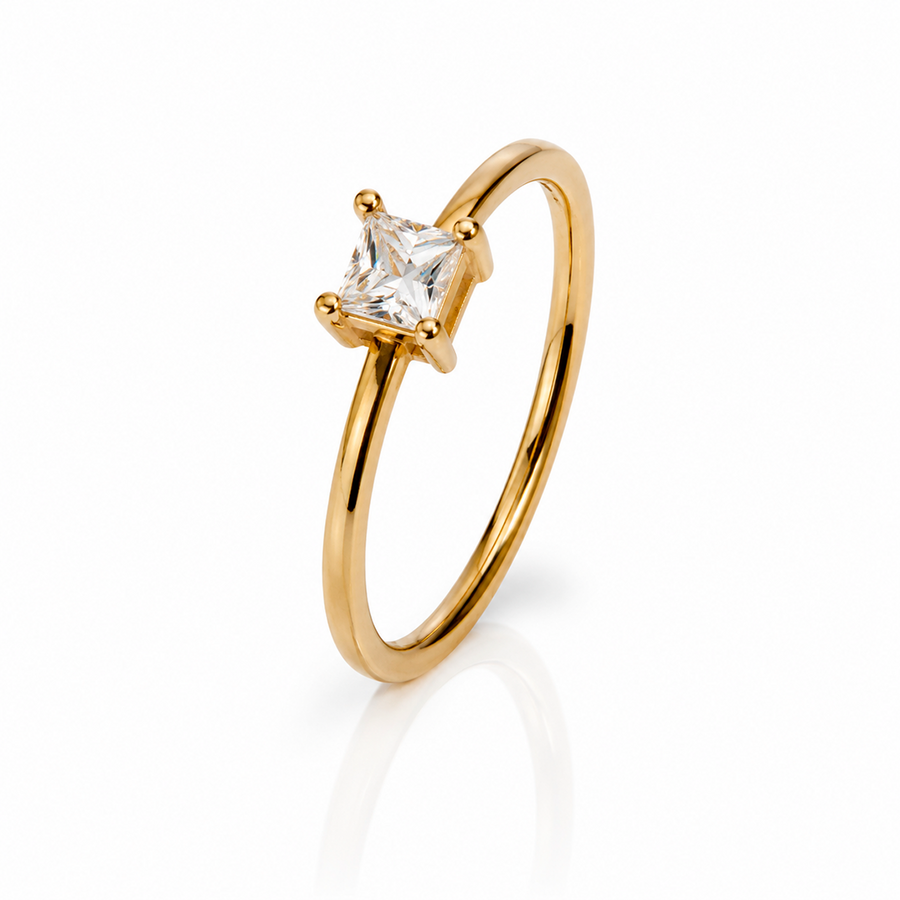 Anel Solitário Quadrado Cristal – Folhado a Ouro