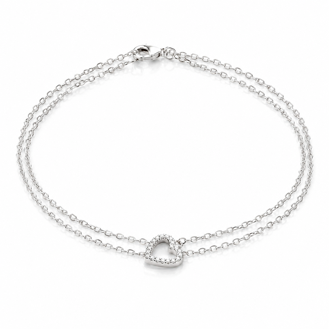 Pulseira Dupla com Coração Cravejado – Banhadas a Rôdio Branco
