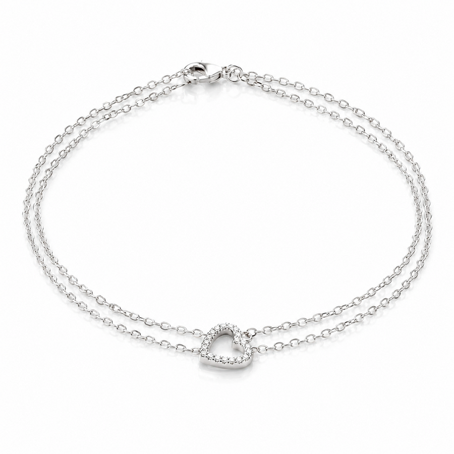 Pulseira Dupla com Coração Cravejado – Banhadas a Rôdio Branco