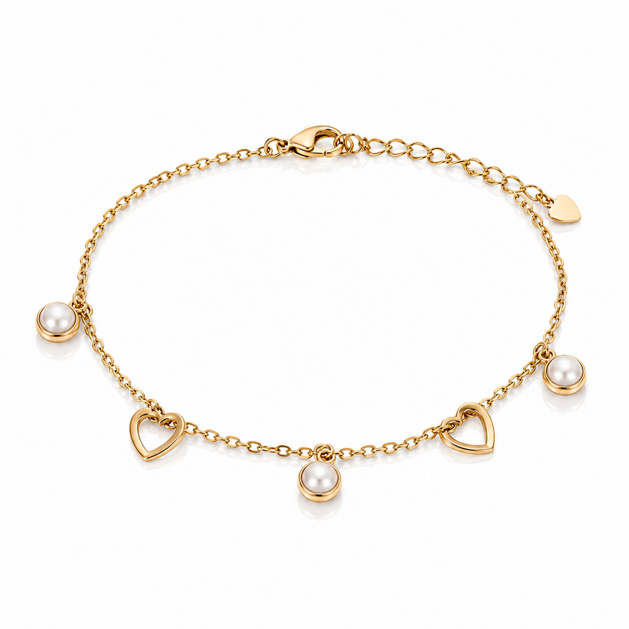 Pulseira com Corações Vazados e Pérolas – Folhado a Ouro