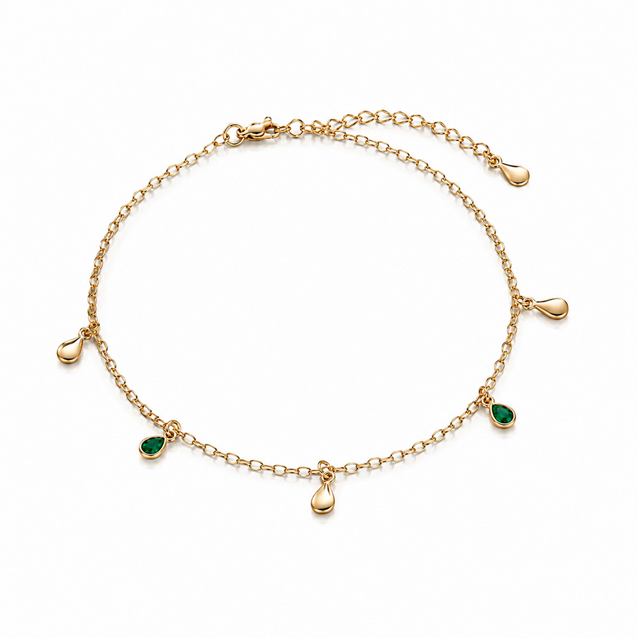 Pulseira com Gotas Verdes e Pingentes Lisos – Folhado a Ouro
