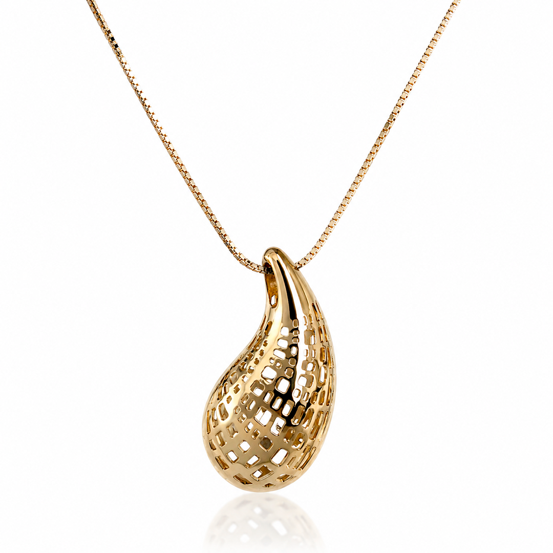 Colar com Pingente Gota Orgânica Vazada – Folhado a Ouro