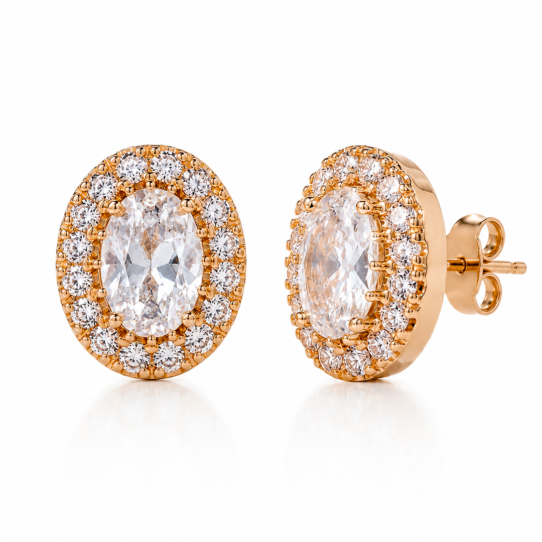 Brinco Oval Cristal e Halo Cravejado – Folhado a Ouro