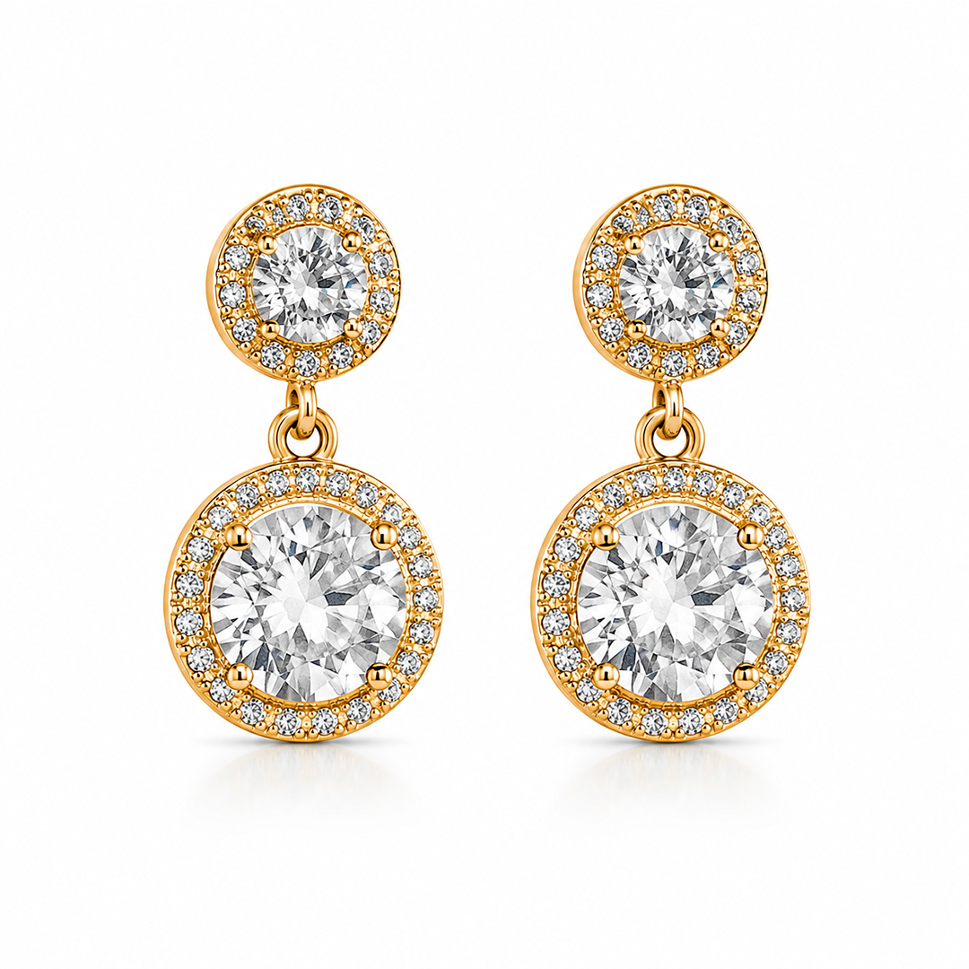 Brinco Pendente Duplo Redondo com Zircônias Cristal – Folhado a Ouro