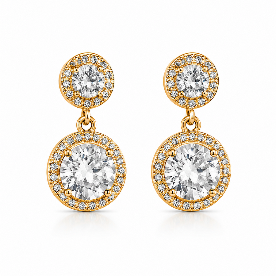 Brinco Pendente Duplo Redondo com Zircônias Cristal – Folhado a Ouro